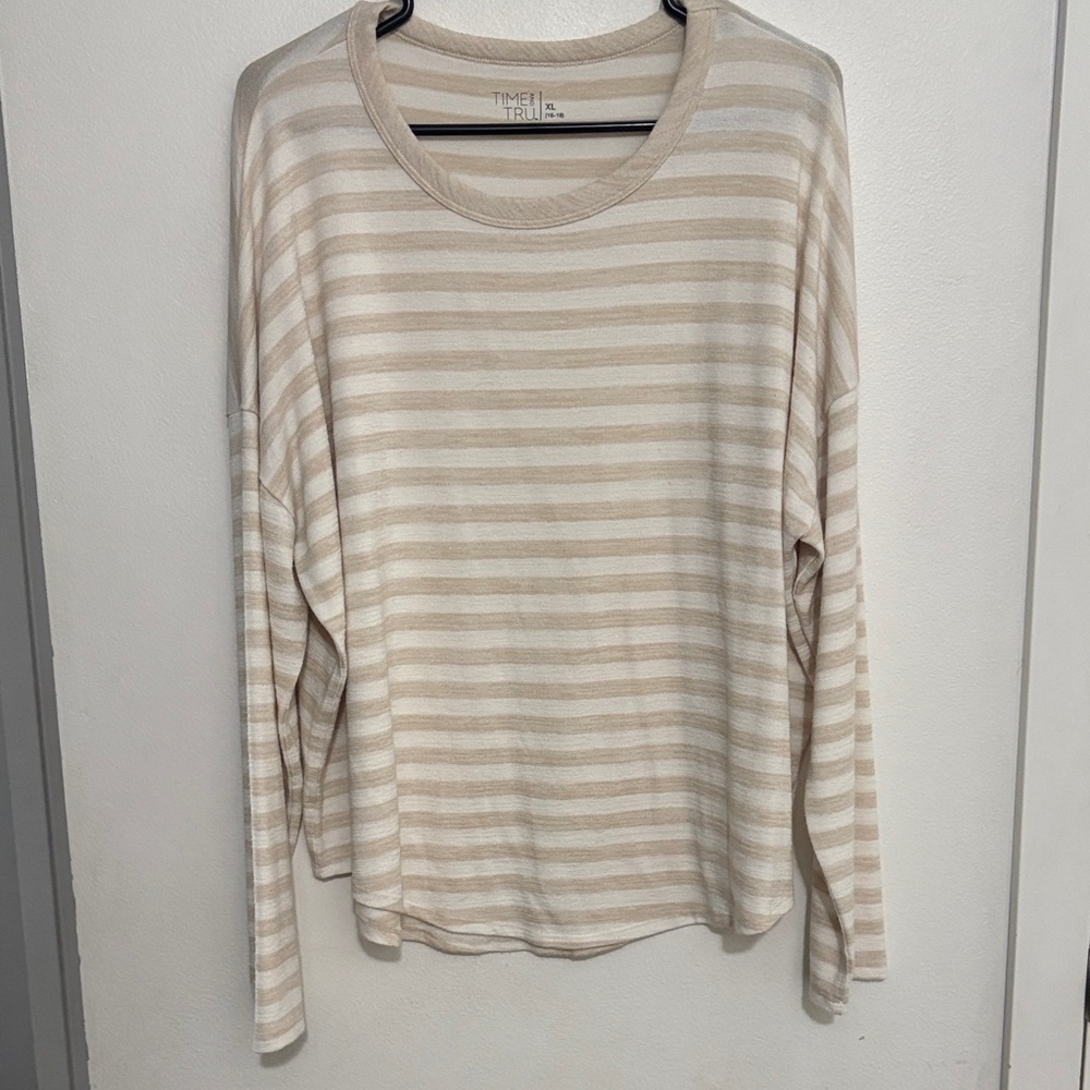 Time and Tru Cream and Beige Striped Long Sleeve Top